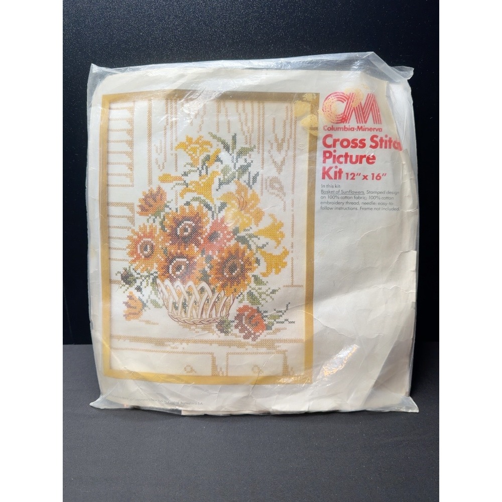 Vintage Columbia Minerva Basket Sunflowers Cross Stitch Kit 6784 Started